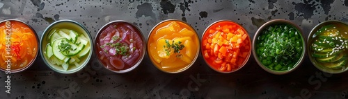 Various colorful sauces in ceramic bowls over dark stone background. photo