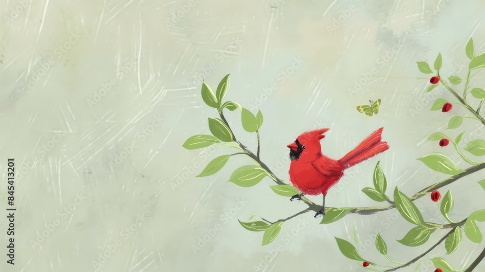 Cardinal Backdrop Cute cartoon-style cardinal bird scene paintedin a nursery style for ...