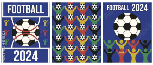 Trendy Abstract 2024 Football championship poster set. Collection of Retro Groovy style soccer competition art. Avant-garde Boho Football ball. EPS 10