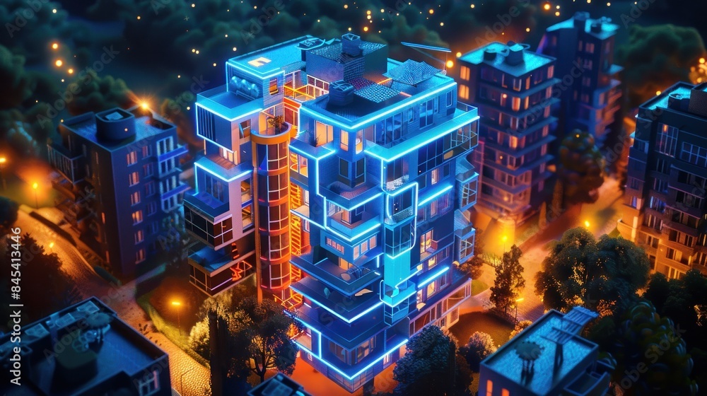 Fototapeta premium Futuristic apartment adorned with vibrant neon lights, nestled within a sleek and contemporary high-rise building, evoking a sense of urban sophistication and nightlife allure.