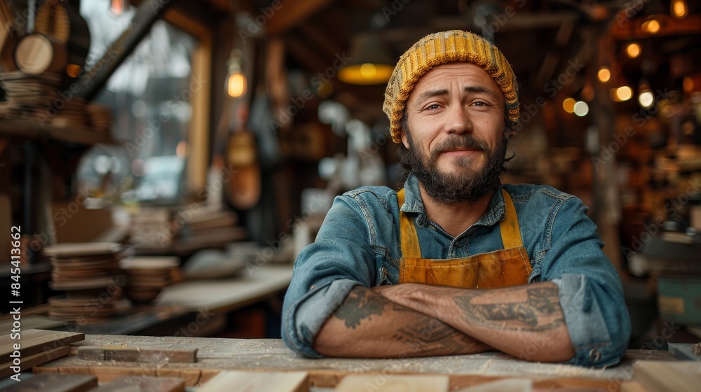 A cheerful tattooed man wearing a yellow hat and apron, smiling while standing at his workshop A cheerful tattooed man wearing a yellow hat and apron, smiling while standing at his workshop