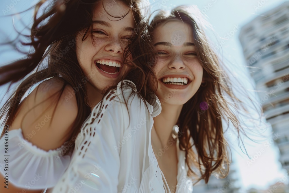 Two smiling young women in white outfits in city. Two smiling young women in white outfits in city.