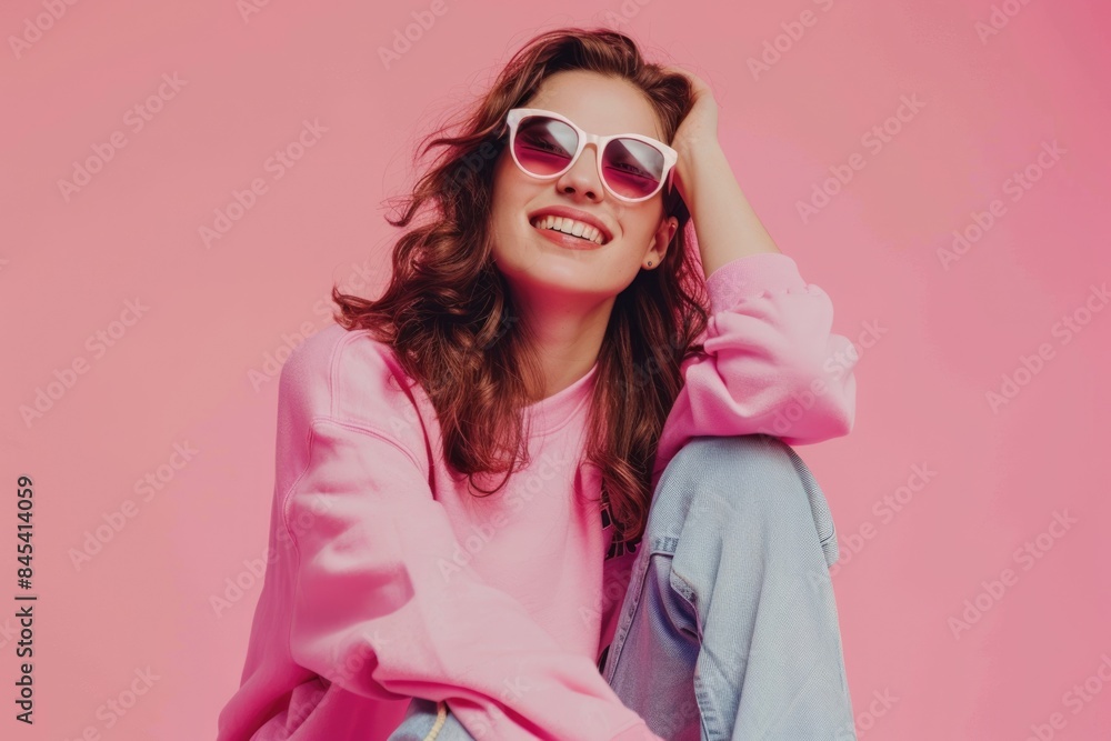 Happy attractive young woman in sunglasses sitting on skateboard over pink background Happy attractive young woman in sunglasses sitting on skateboard over pink background