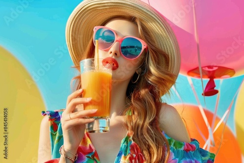 Stylish woman in hat and sunglasses drinks juice with balloon.