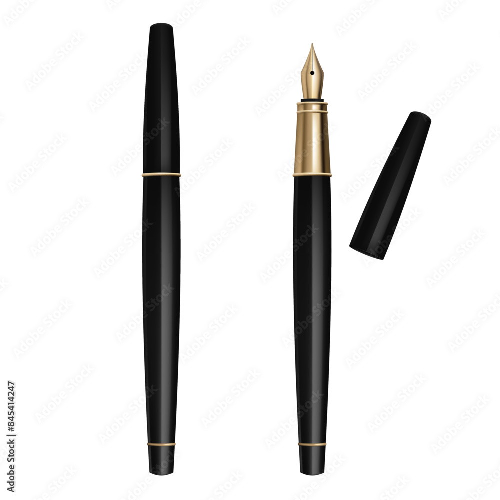 Realistic 3D illustration of a black and gold ink pen, perfect for calligraphy and stationery needs. Ideal for office, business, and education, it highlights luxury and metallic design. Not AI. Realistic 3D illustration of a black and gold ink pen, perfect for calligraphy and stationery needs. Ideal for office, business, and education, it highlights luxury and metallic design. Not AI.