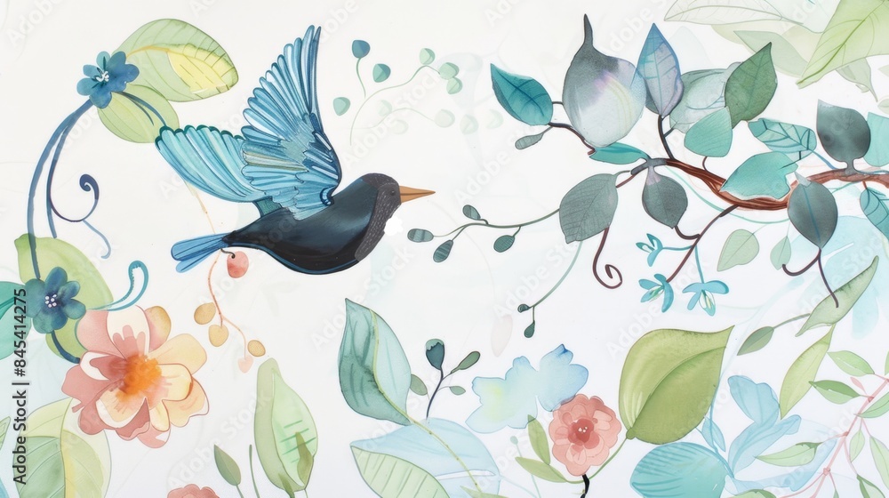 Blue bird, fun children's cartoon art illustration, with foliage Blue bird, fun children's cartoon art illustration, with foliage