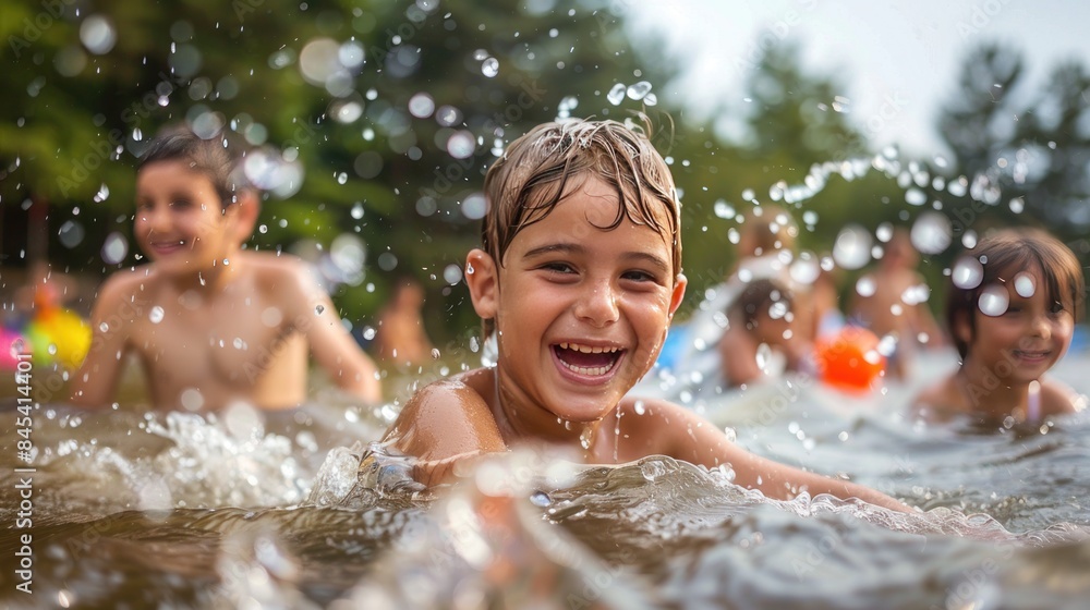 Fototapeta premium In this cinematic masterpiece, happy kids are depicted playing gleefully in the lake