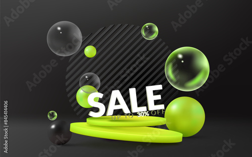 Sale banner, green and black podium with a neon light backdrop. Ideal for showcasing products, discounts, and special offers in a 3D, for online stores and Friday sales events. Not AI.