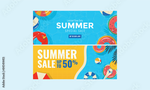 Flat sale banner template set for summertime with colorful float on water