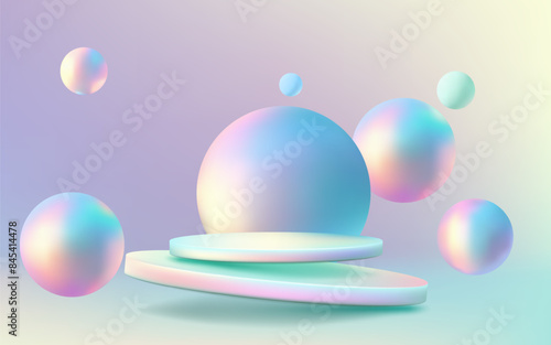 A futuristic 3D holographic podium with a neon blue sphere on an abstract background. Modern and minimalistic design with a touch of realism. Trendy and colorful element. Not AI.
