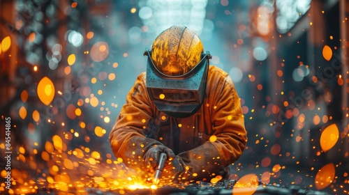 Skillful welder at work surrounded by blazing sparks, in a moody workshop setting