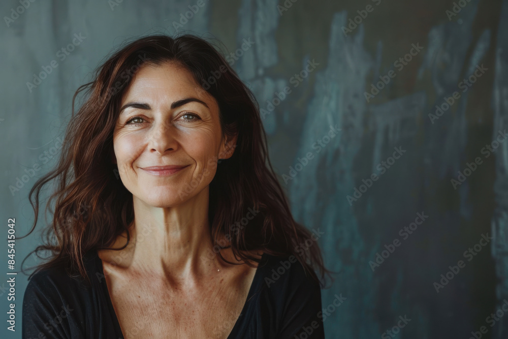 A close up portrait of a woman with a subtle smile A close up portrait of a woman with a subtle smile