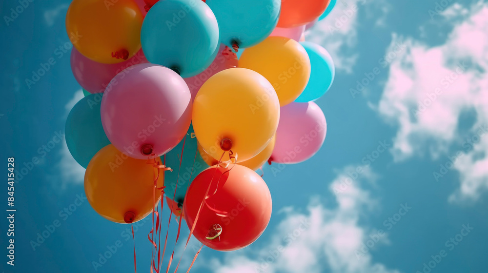 Colorful balloons floating in the blue sky with wispy white clouds Colorful balloons floating in the blue sky with wispy white clouds