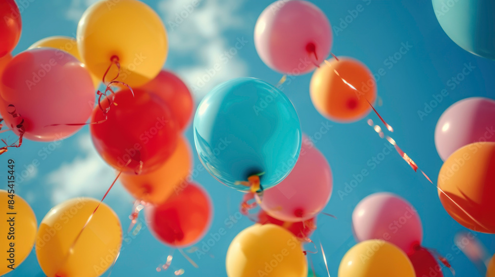 Colorful balloons floating in the blue sky with wispy white clouds Colorful balloons floating in the blue sky with wispy white clouds