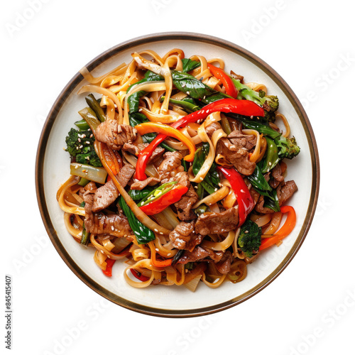 Plate of Steak Stir Fried Noodles Isolated on a Transparent Background photo