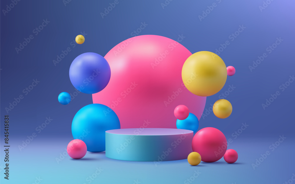A modern 3D podium with colorful neon balls on a vibrant background. The abstract design showcases products in a realistic and eye catching manner. Perfect for presentations and promotions. Not AI. A modern 3D podium with colorful neon balls on a vibrant background. The abstract design showcases products in a realistic and eye catching manner. Perfect for presentations and promotions. Not AI.
