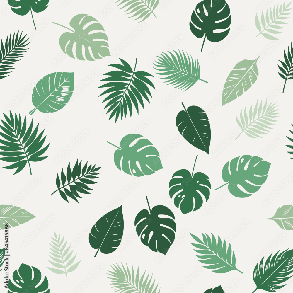 Seamless pattern of exotic leaves on a white background with tropical plants and palm tree illustrations. Ideal for summer decor, textiles, and fashion, it features lush, green foliage Not AI. Seamless pattern of exotic leaves on a white background with tropical plants and palm tree illustrations. Ideal for summer decor, textiles, and fashion, it features lush, green foliage Not AI.