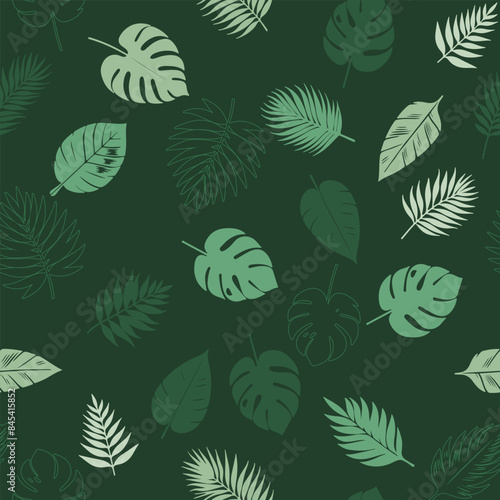 Seamless pattern of exotic leaves on a green background with tropical plants and palm tree illustrations. Ideal for summer decor, textiles, and fashion, it features lush, green foliage Not AI. ©  Tati. Dsgn