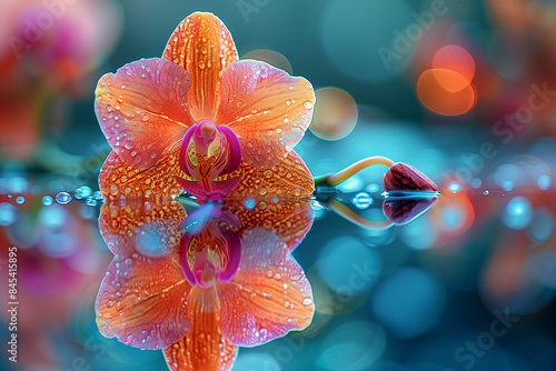 Orchid Blossom with Water Droplets and Reflection