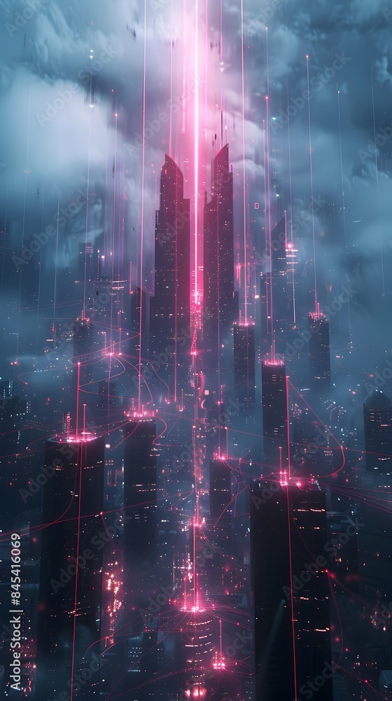 Fototapeta premium Futuristic Metropolis Under Control with Glowing Digital Network