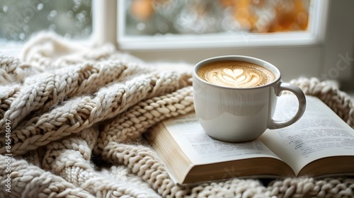 Cozy Winter Morning with Book Blanket and Warm Coffee on Windowsill