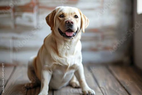 Labrador dog on grey wall background