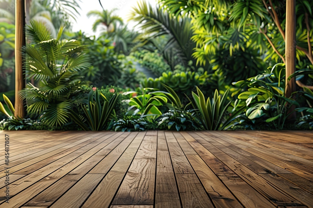 Wooden terrace on green forest background Wooden terrace on green forest background