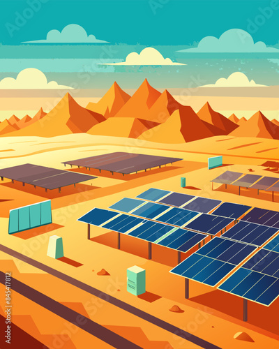 The vast and seemingly uninhabitable desert was now home to a bustling solar farm its panels glinting in the sunlight like a modernday oasis.. Vector illustration