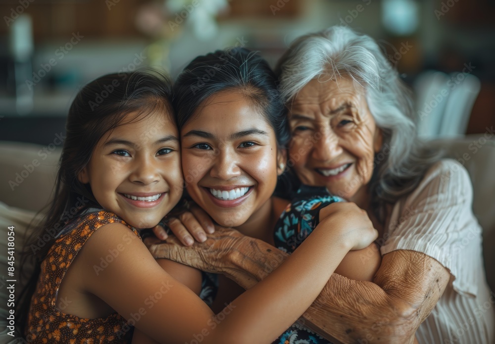 Heartwarming Photo of Grandmother, Mother, and Daughter Hugging and Smiling Together Indoors Heartwarming Photo of Grandmother, Mother, and Daughter Hugging and Smiling Together Indoors