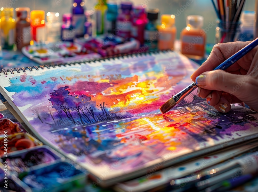 Obraz premium Hand painting a detailed landscape of a sunset over water with watercolors on paper, surrounded by art supplies