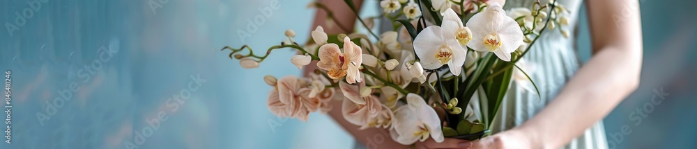 Obraz premium A woman poised hands present a stunning bouquet of orchids