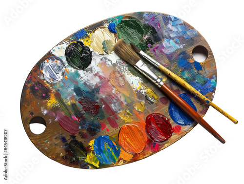 Wooden Artist Palette with Vibrant Paint Colors and Brushes