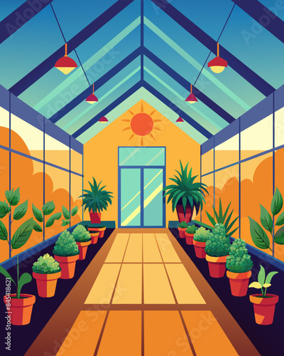 The warm glowing interior of a solarpowered greenhouse provides the perfect environment for nurturing a wide variety of plants and flowers.. Vector illustration