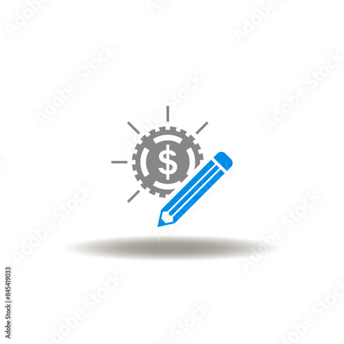 Vector illustration of shining coin and pencil. Icon of request. Symbol of financial operation.