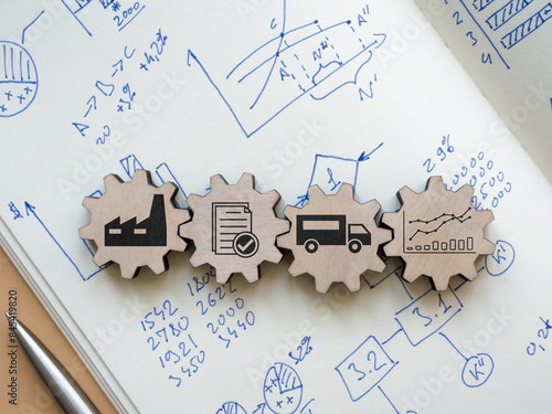 Cog wheels with supply chain management signs and business marks.
