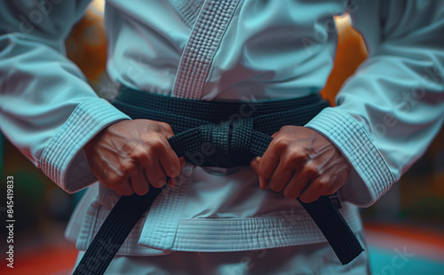 Hands tying black belt, a man dressed in a white kimono photo
