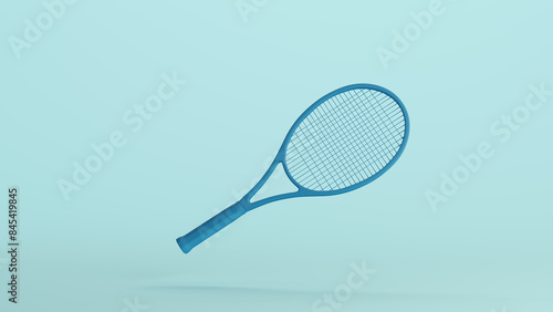 Blue tennis racket racquet strings sports equipment soft tones pale background 3d illustration render digital rendering © paul