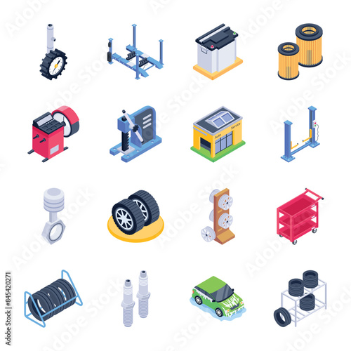 Set of 16 Car Service Isometric Icons




