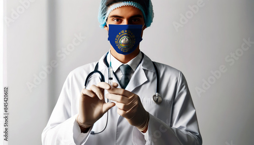 A doctor wearing a mask with the New Hampshire flag, holding a syringe, symbolizing healthcare and national pride