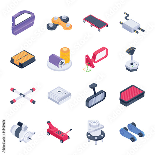 Collection of Car Parts Isometric Style Icons

