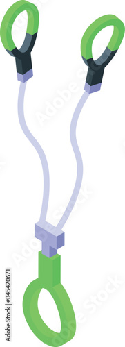 Green suspension training rope with two handles is hanging for fitness workout