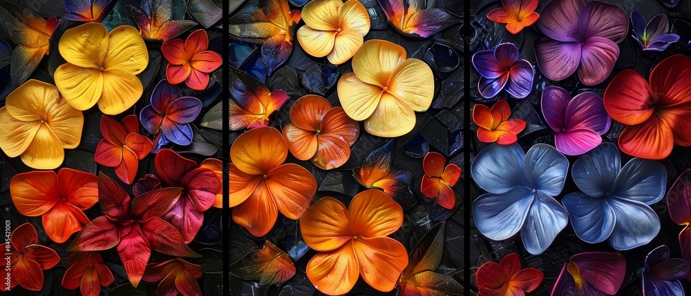 Spectrum of Bloom: Vibrant 3D Floral Art on a Black Marble Background Spectrum of Bloom: Vibrant 3D Floral Art on a Black Marble Background