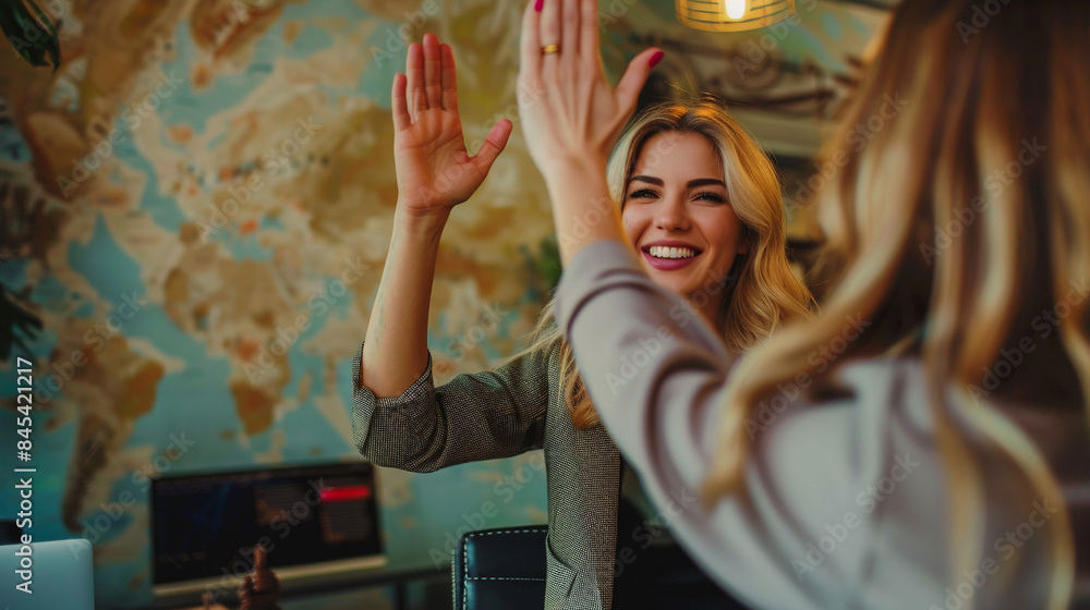 United happy businesswomen giving high five celebrating business success together in coworking space. Young lady colleagues sharing joy of achievement United happy businesswomen giving high five celebrating business success together in coworking space. Young lady colleagues sharing joy of achievement