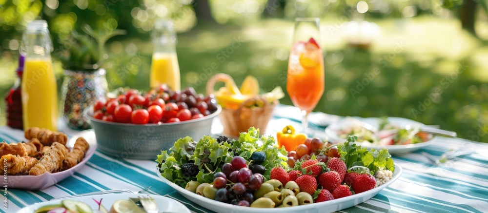 A picturesque picnic with a mix of salads, fresh fruits, and fried treats on a striped tablecloth outdoors A picturesque picnic with a mix of salads, fresh fruits, and fried treats on a striped tablecloth outdoors