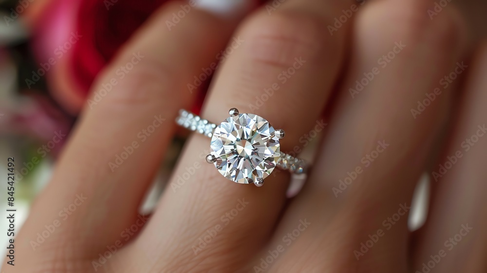A large, round diamond ring set in a white gold band. A large, round diamond ring set in a white gold band.