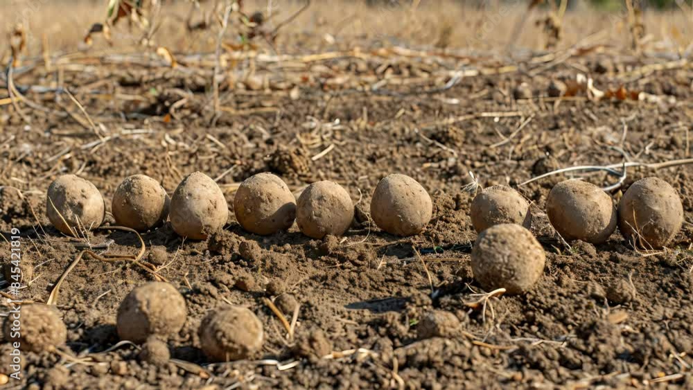 A group of seed bombs tered across a field of dry dirt awaiting the next rainfall to germinate. A group of seed bombs tered across a field of dry dirt awaiting the next rainfall to germinate.