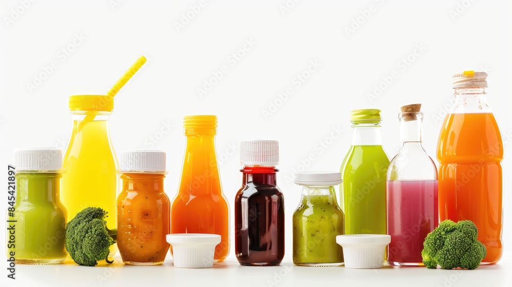 glass jars, plastic containers, and bottles filled with vibrant fruit purees, set against a white background for a clean, isolated look. glass jars, plastic containers, and bottles filled with vibrant fruit purees, set against a white background for a clean, isolated look.