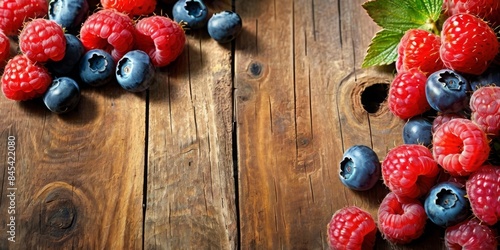 A rustic wooden table filled with an array of Raspberries, blueberries, ripe and plump fruits.