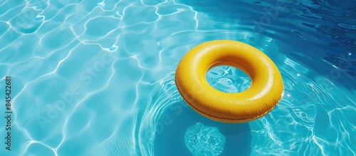 Refreshingly cool blue pool featuring a yellow pool float and room for text