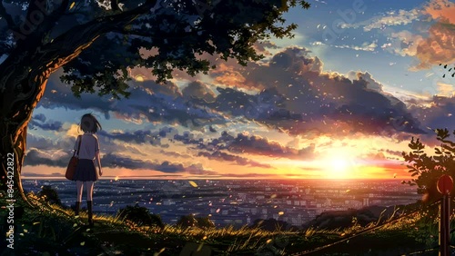 Amber Afternoons: A Schoolgirl's Enchanting Sojourn Amidst the Glow of a Vibrant Sunset Panorama. Seamless looping time-lapse virtual 4k video animation background